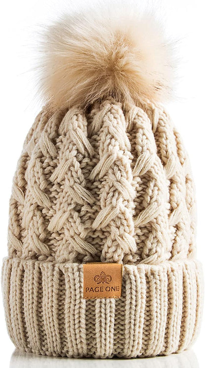 Womens Winter Ribbed Beanie Crossed Cap Chunky Cable Knit Pompom Soft Warm Hat