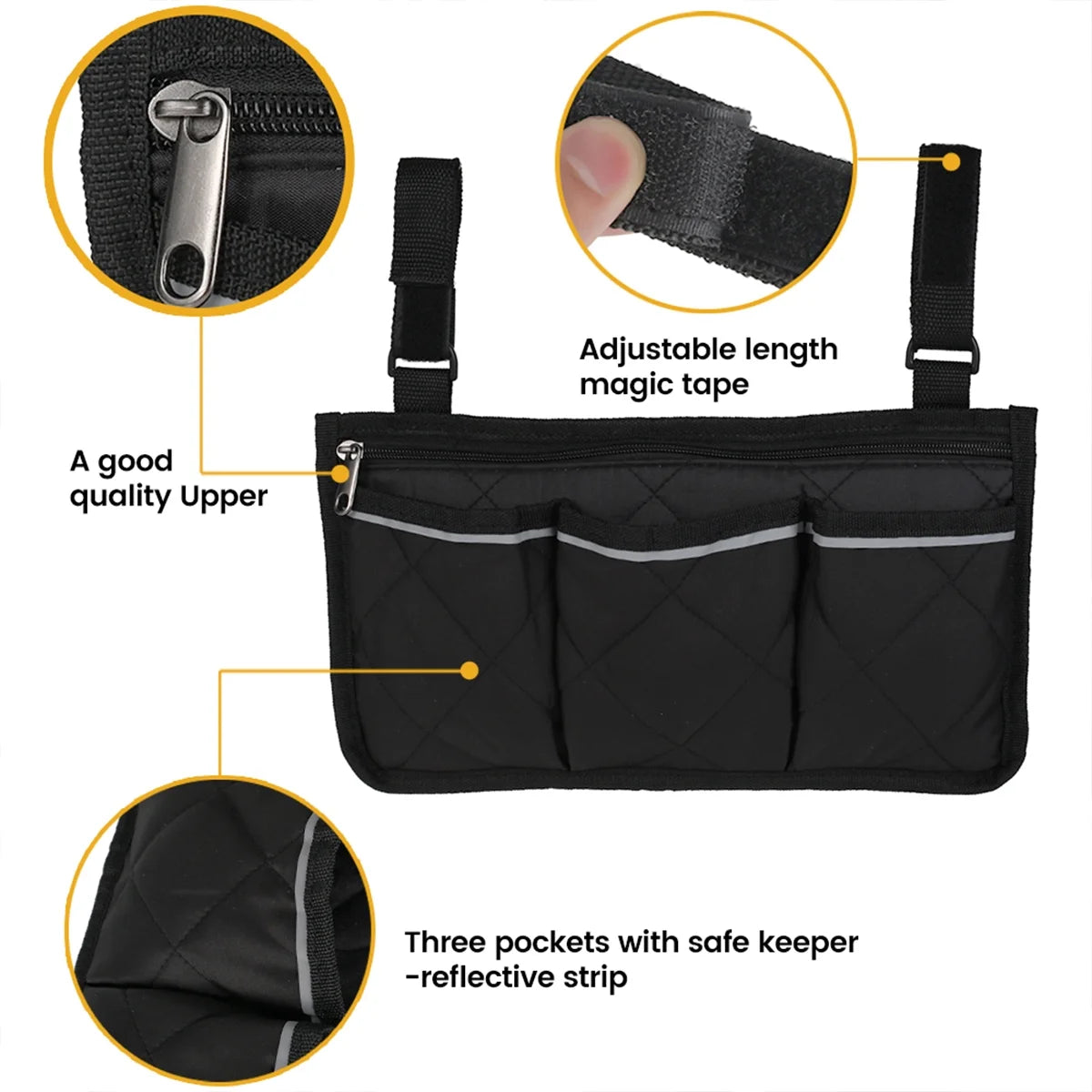 Wheelchair Armrest Side Bag Walker Organizer Bag with Reflective Stripes Waterproof Storage Pouches for Any Wheelchair Mobility Scooter Walker Rollator Carry Accessories