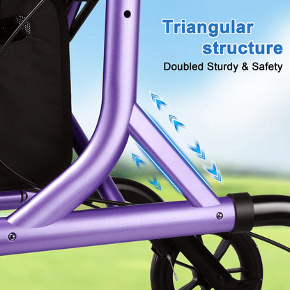 Rollator Walker for Seniors with Cup Holder, Upgraded Thumb Press Button for Height Adjustment, 8" Wheels Folding Lightweight Walking Aid with Seat Padded Backrest, Purple