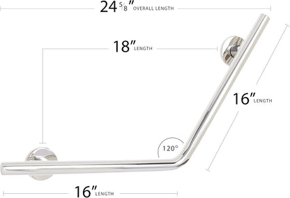 16" X 16" Lifestyle & Wellness® Angled Wedge Wall Mount Bathroom Shower Grab Bar, 1 ¼" Diameter, Polished Finish