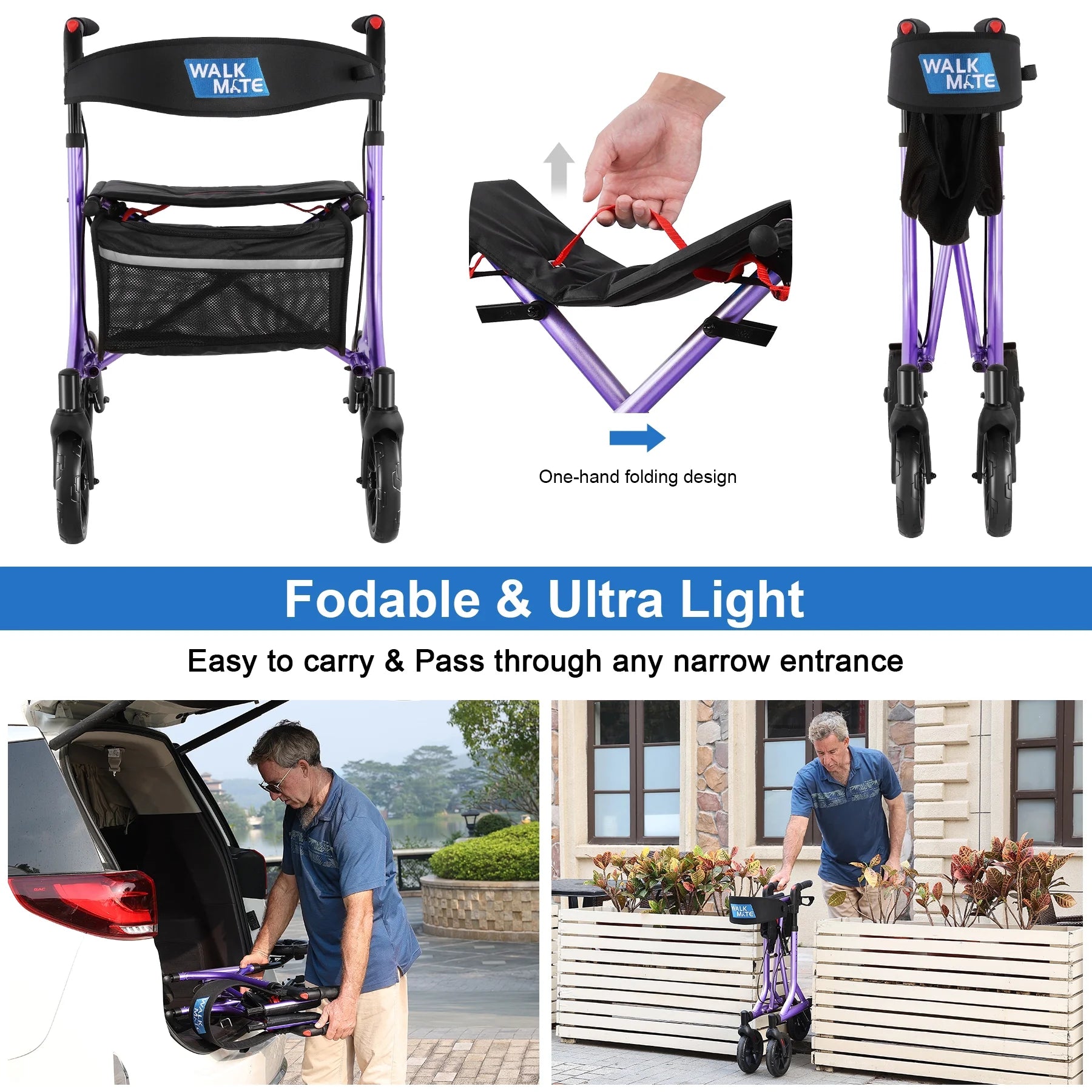 Rollator Walker for Seniors with Cup Holder, Upgraded Thumb Press Button for Height Adjustment, 8" Wheels Folding Lightweight Walking Aid with Seat Padded Backrest, Purple