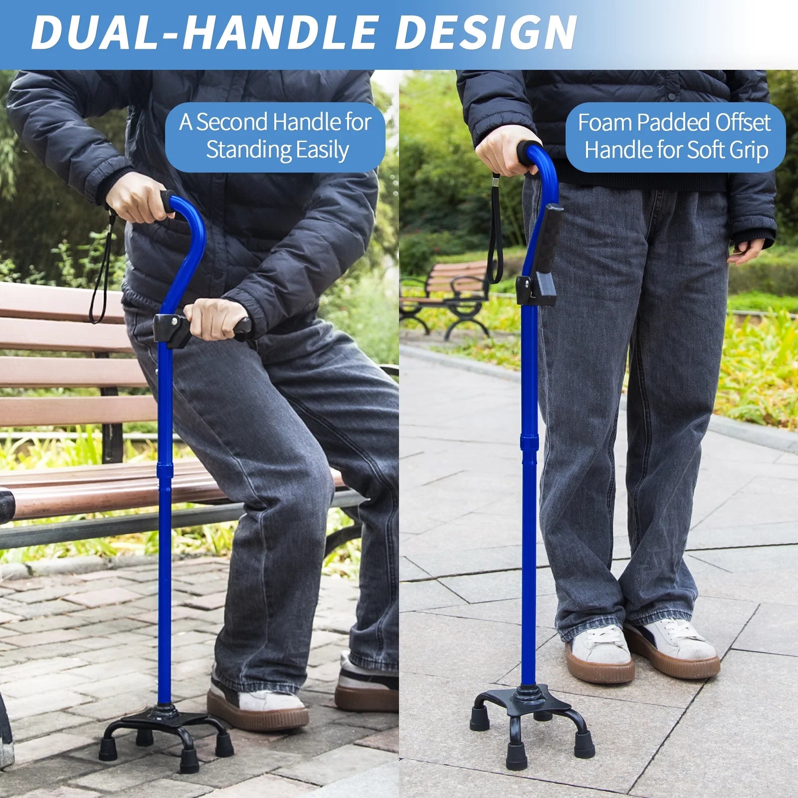 Walking Cane for Elderly Blue 4-Pronged Base Foldable Second Handle