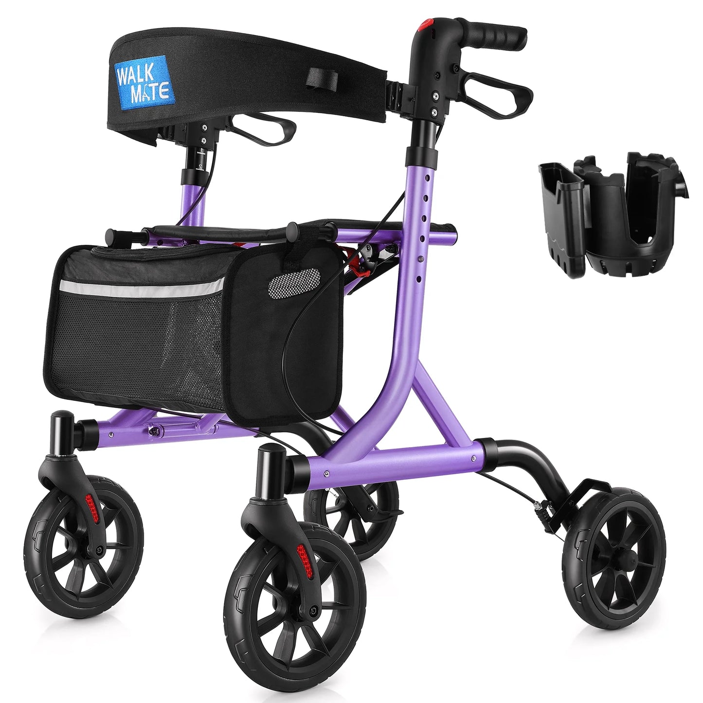 Rollator Walker for Seniors with Cup Holder, Upgraded Thumb Press Button for Height Adjustment, 8" Wheels Folding Lightweight Walking Aid with Seat Padded Backrest, Purple