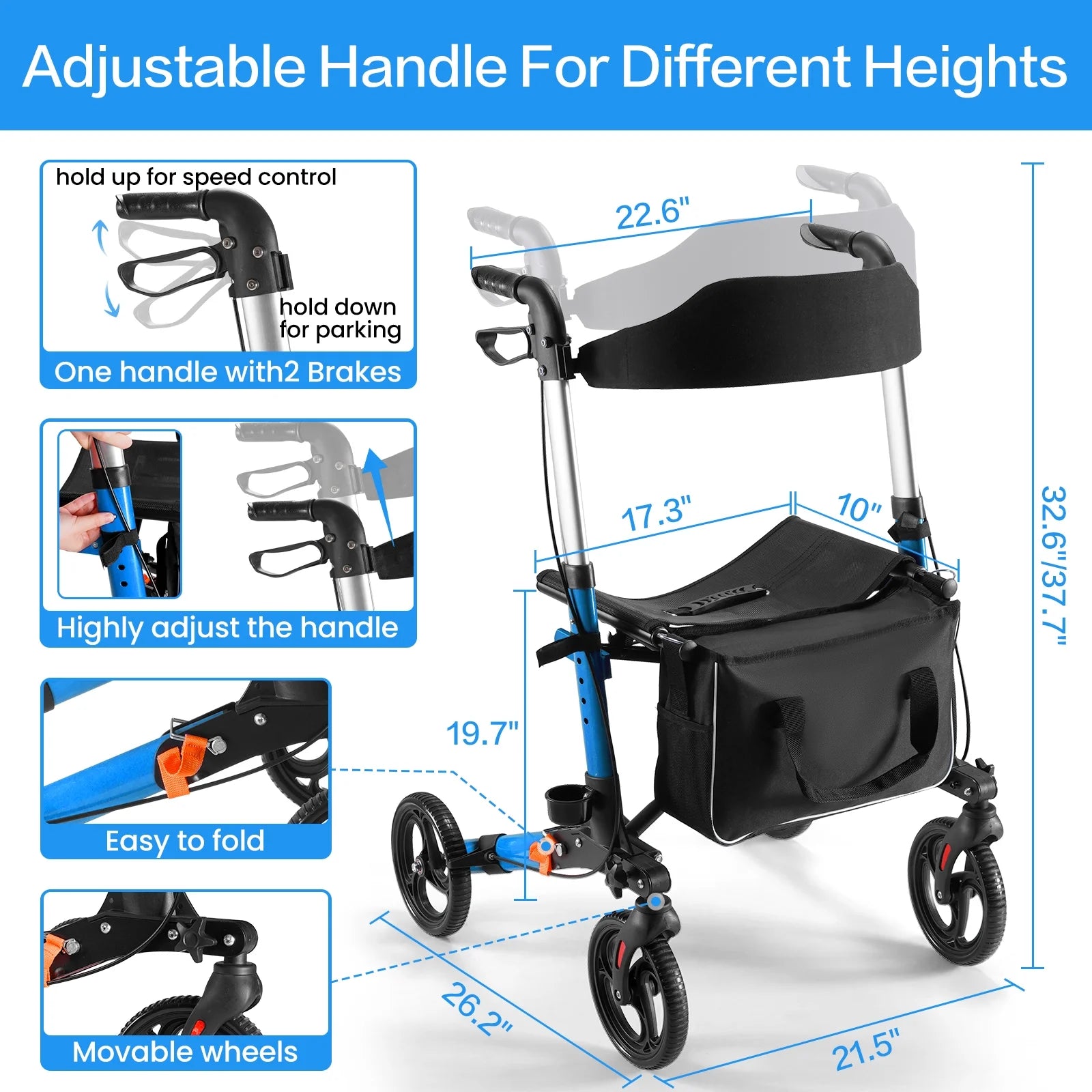 Rollator Walker for Seniors, Lightweight Foldable All Terrain Rolling Walker with Seat, Aluminum Walkers with 8 Inch Solid Wheels, Handles and Backrest for Seniors and Adult, Blue