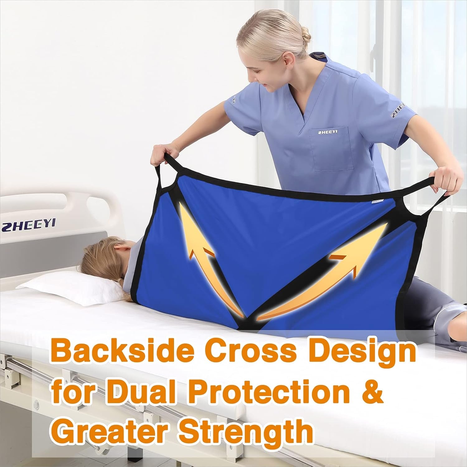 Positioning Bed Pad with Reinforced Handles 39" X 36" Slide Sheet - Multipurpose Patient Transfer Sheet for Turning, Lifting & Repositioning - Double-Sided Nylon Fabric, Blue