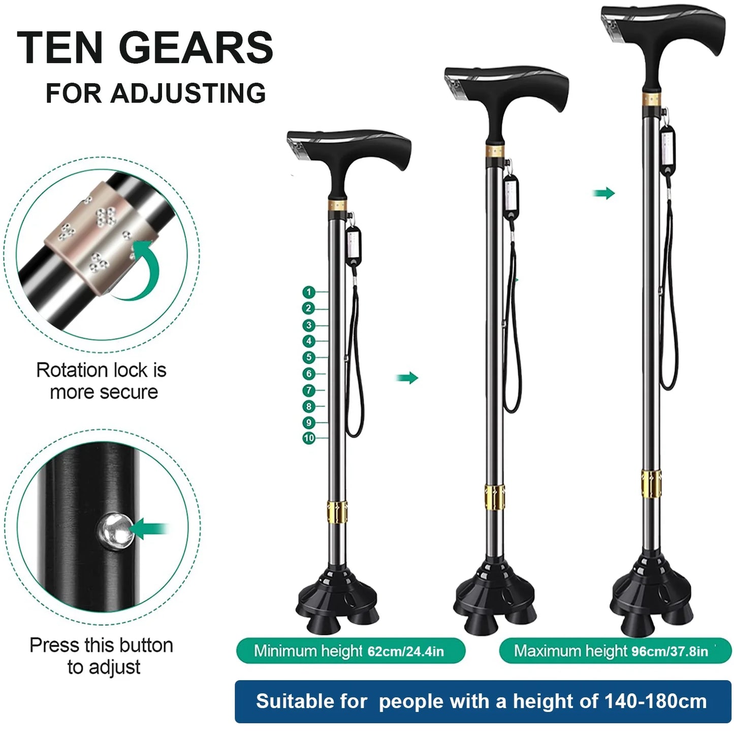 Walking Cane, 10 Levels Adjustable Cane for Men Women Senior, with LED Flashlight, Fall Alarm, Pivoting Quad Rubber Base Heavy Duty