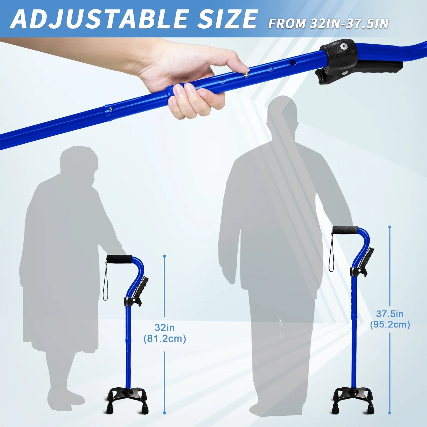 Walking Cane for Elderly Blue 4-Pronged Base Foldable Second Handle