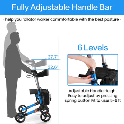 Rollator Walker for Seniors, Lightweight Foldable All Terrain Rolling Walker with Seat, Aluminum Walkers with 8 Inch Solid Wheels, Handles and Backrest for Seniors and Adult, Blue