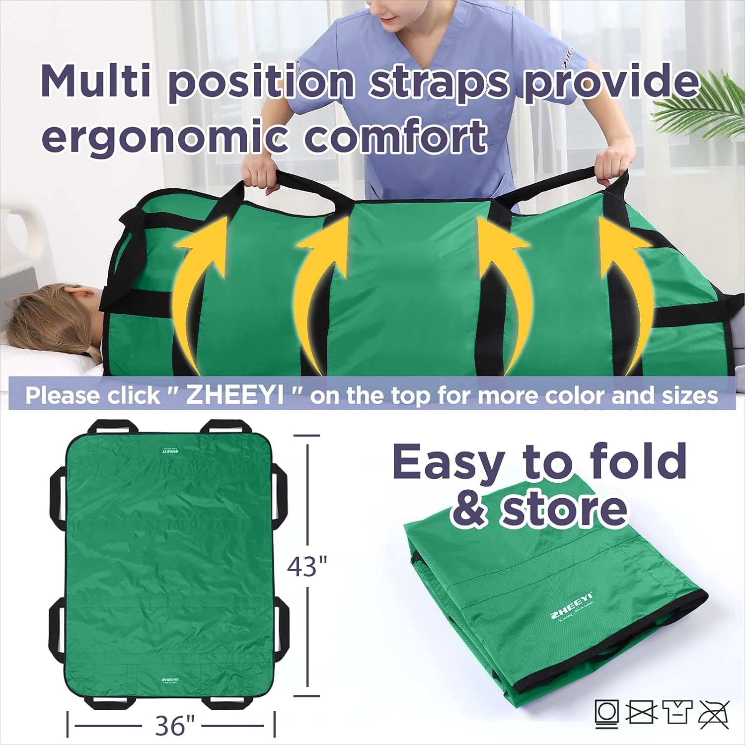 Positioning Bed Pad with Reinforced Handles 43" X 36" Patient Transfer Sheet Aid Assistant for Body Lifting, Turning, Repositioning, for Elderly, Incontinence, Caregiver, Green