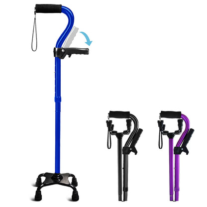 Walking Cane for Elderly Blue 4-Pronged Base Foldable Second Handle