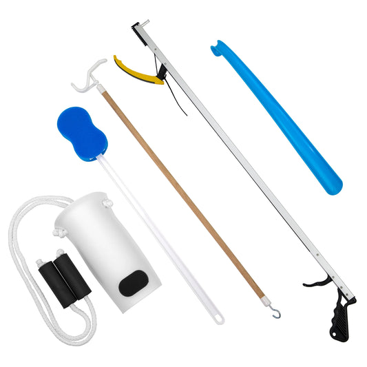 ™ Multiple Tool Hip Kit Daily Living Aid for Hip, Knee, and Back Rehabilitation, Including: 32" Reacher, Contoured Sponge, Formed Sock Aid, 18" Plastic Shoehorn and 24" Dressing Stick