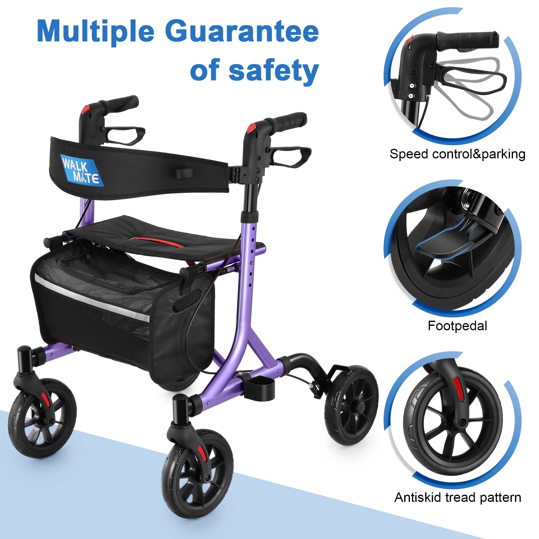 Rollator Walker for Seniors with Cup Holder, Upgraded Thumb Press Button for Height Adjustment, 8" Wheels Folding Lightweight Walking Aid with Seat Padded Backrest, Purple