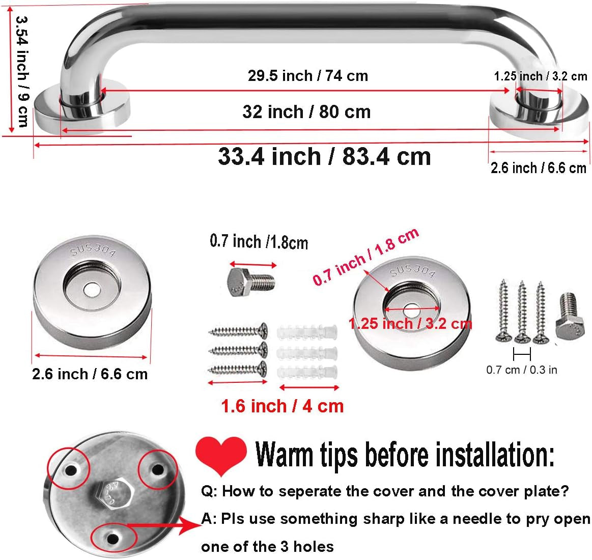 2 Pack 32 Inch Shower Grab Bar,  SUS304 Stainless Steel Bathroom Grab Bar Handle, Bathroom Shower Balance Bar,Safety Hand Rail Support,Handicap Elderly Senior Assist Bath Handle(1.25" Diameter)