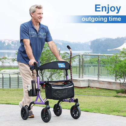 Rollator Walker for Seniors with Cup Holder, Upgraded Thumb Press Button for Height Adjustment, 8" Wheels Folding Lightweight Walking Aid with Seat Padded Backrest, Purple