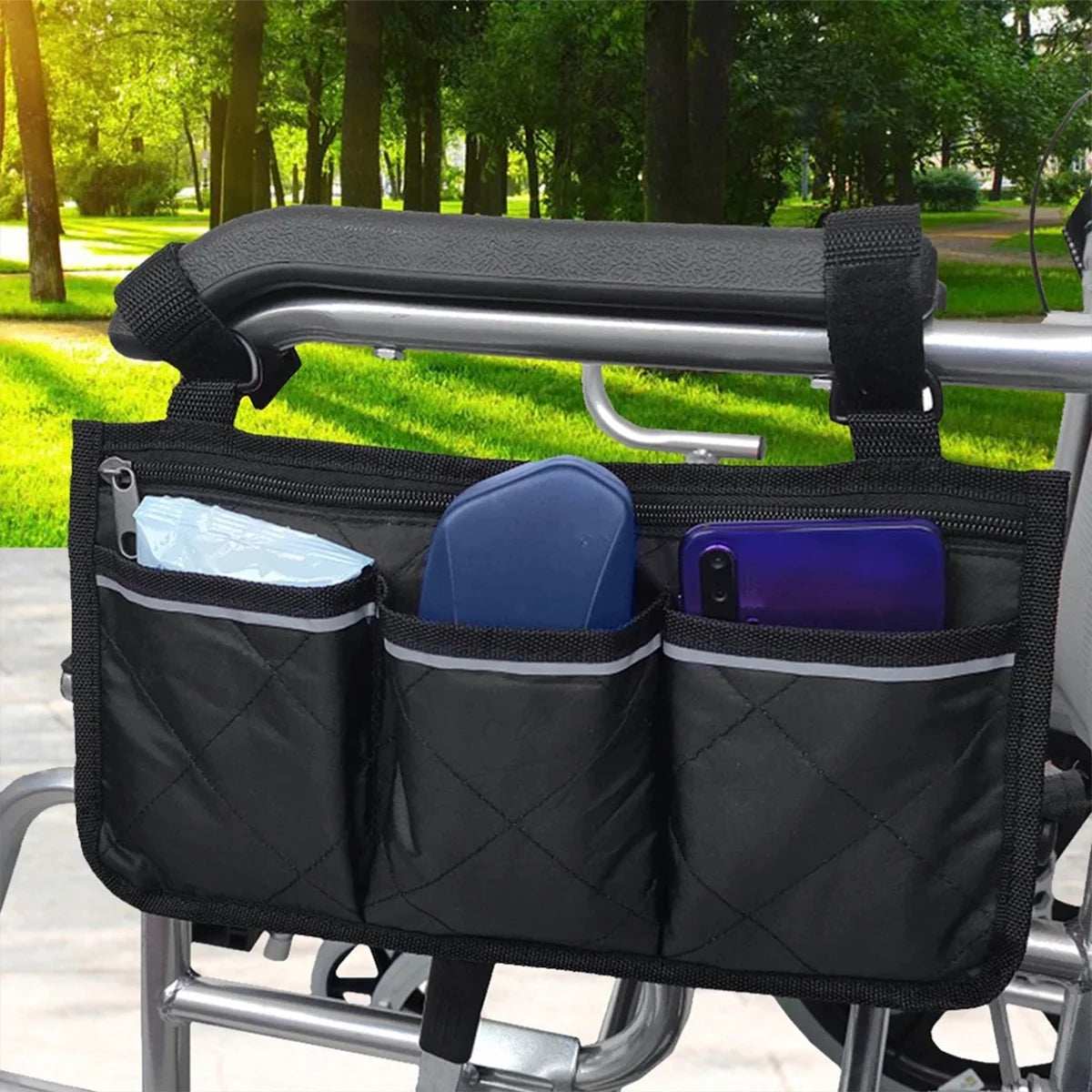 Wheelchair Armrest Side Bag Walker Organizer Bag with Reflective Stripes Waterproof Storage Pouches for Any Wheelchair Mobility Scooter Walker Rollator Carry Accessories