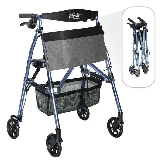 Wonder Rollator Plus, Lightweight Folding Walker for Seniors with EZ Fold-N-Go Technology, Four Wheel Rolling Walker with Seat, Locking Brakes, Blue