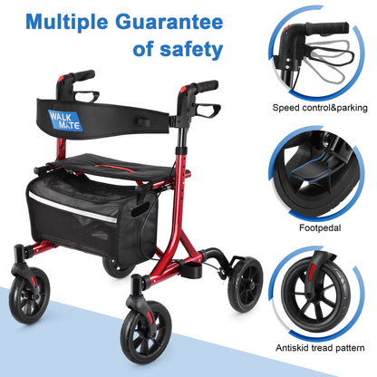 Rollator Walker for Seniors with Cup Holder, Upgraded Thumb Press Button for Height Adjustment, 8" Wheels Folding Lightweight Walking Aid with Seat Padded Backrest, Red