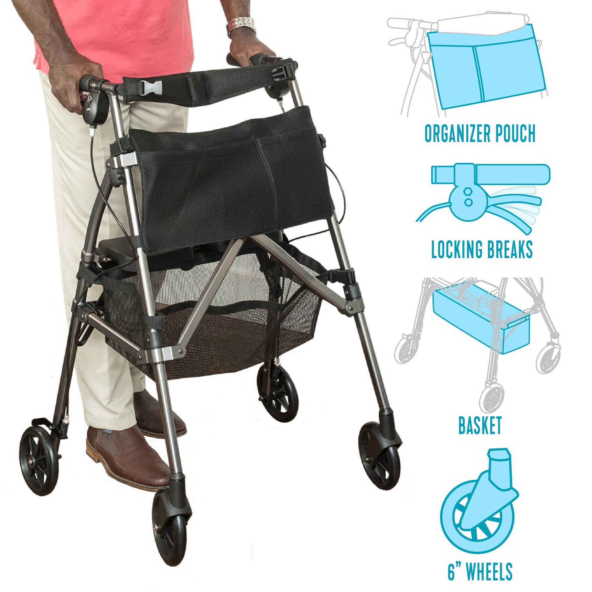 Wonder Rollator plus Short, Lightweight Junior Folding Walker for Seniors with EZ Fold-N-Go Technology, Four Wheel Petite Rolling Walker with Seat, Locking Brakes, Blue