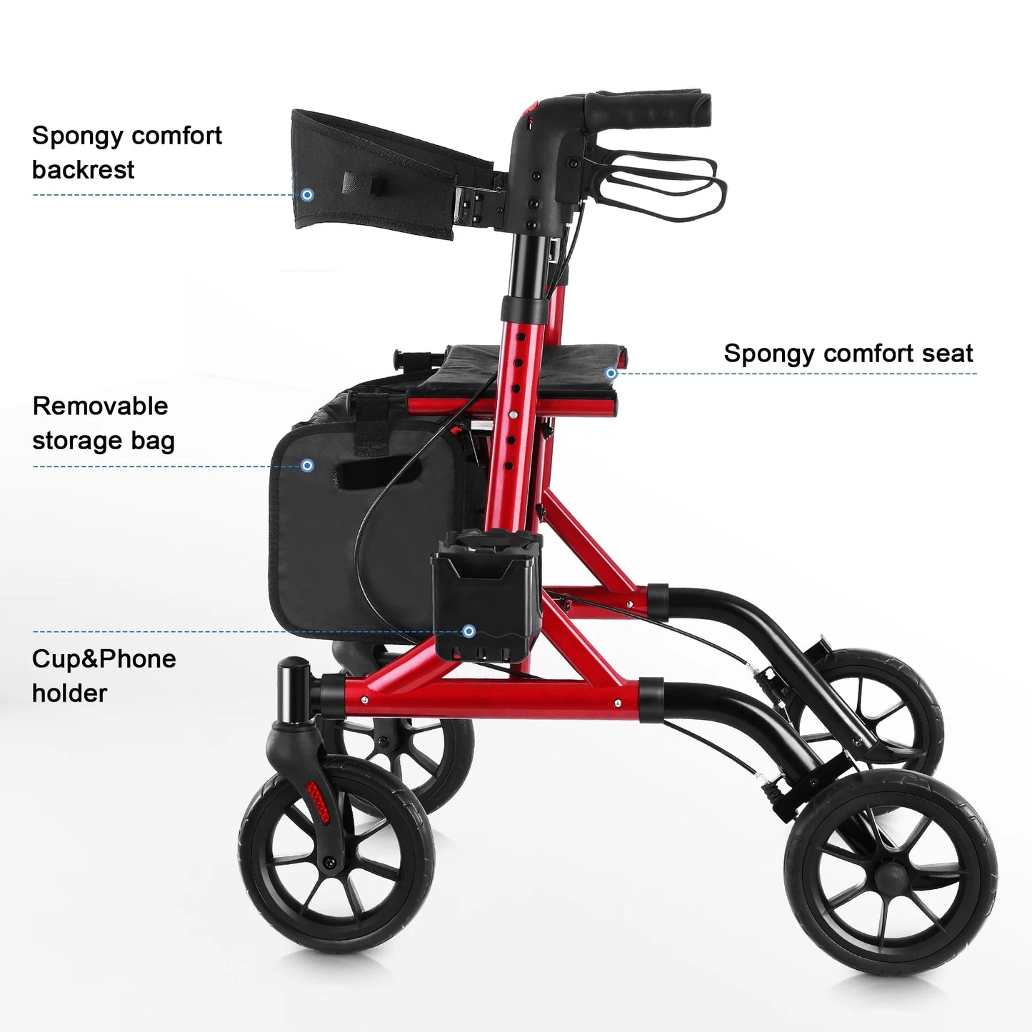 Rollator Walker for Seniors with Cup Holder, Upgraded Thumb Press Button for Height Adjustment, 8" Wheels Folding Lightweight Walking Aid with Seat Padded Backrest, Red