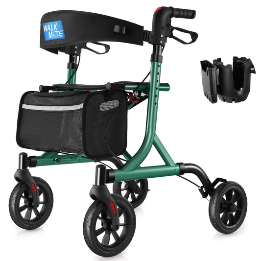 Rollator Walker for Seniors with Cup Holder, Upgraded Thumb Press Button for Height Adjustment, 8" Wheels Folding Lightweight Walking Aid with Seat Padded Backrest, Green