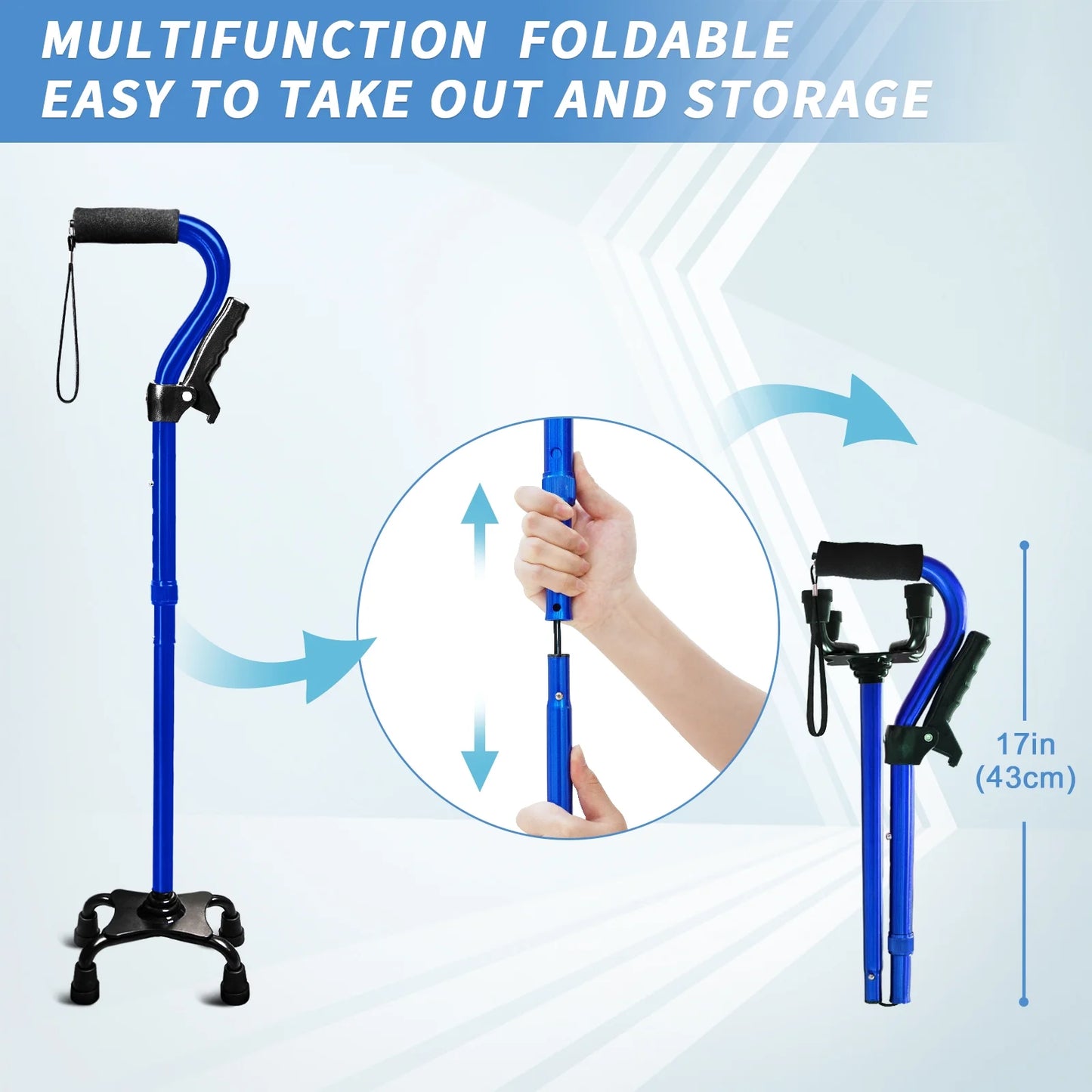 Walking Cane for Elderly Blue 4-Pronged Base Foldable Second Handle