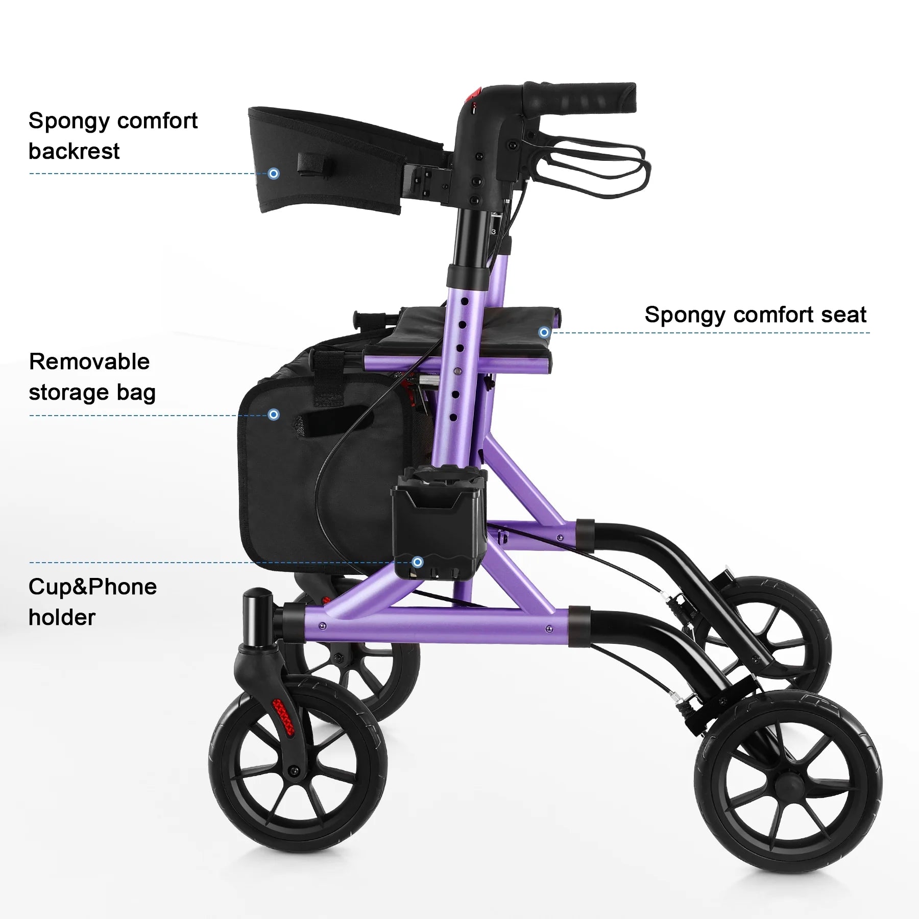 Rollator Walker for Seniors with Cup Holder, Upgraded Thumb Press Button for Height Adjustment, 8" Wheels Folding Lightweight Walking Aid with Seat Padded Backrest, Purple