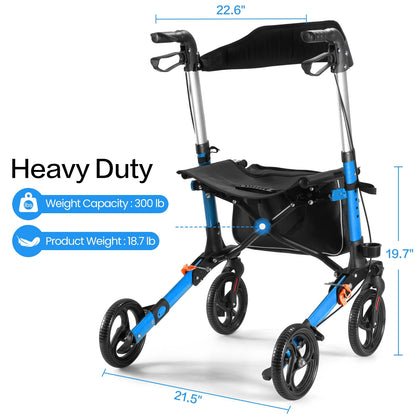 Rollator Walker for Seniors, Lightweight Foldable All Terrain Rolling Walker with Seat, Aluminum Walkers with 8 Inch Solid Wheels, Handles and Backrest for Seniors and Adult, Blue