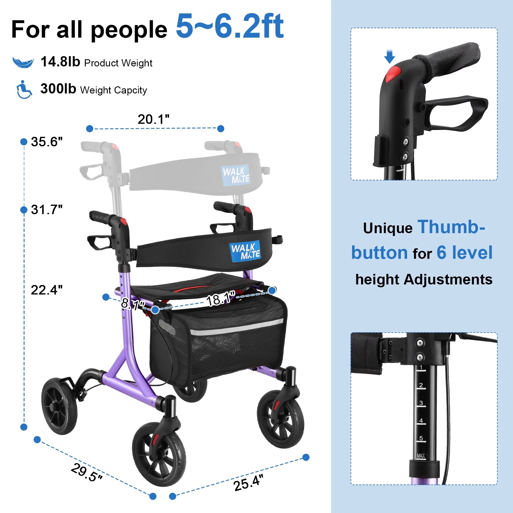 Rollator Walker for Seniors with Cup Holder, Upgraded Thumb Press Button for Height Adjustment, 8" Wheels Folding Lightweight Walking Aid with Seat Padded Backrest, Purple