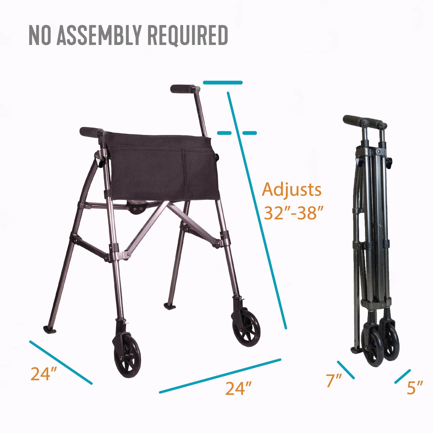 Wonder Walker Plus, Lightweight Folding Rolling Walker for Seniors, Collapsible Travel EZ Fold-N-Go Walker with Wheels, Glides, & Pouch, Compact Standard Walker, Vivid White